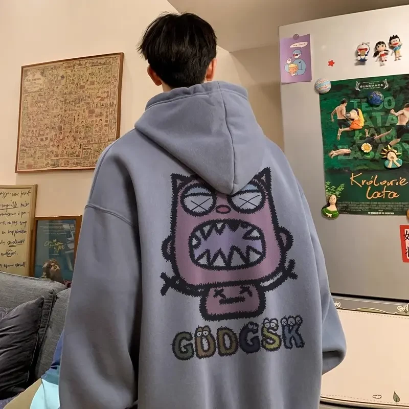 重磅印花卫衣男女秋冬季加绒宽松大码连帽衫美式搞怪情侣外套上衣