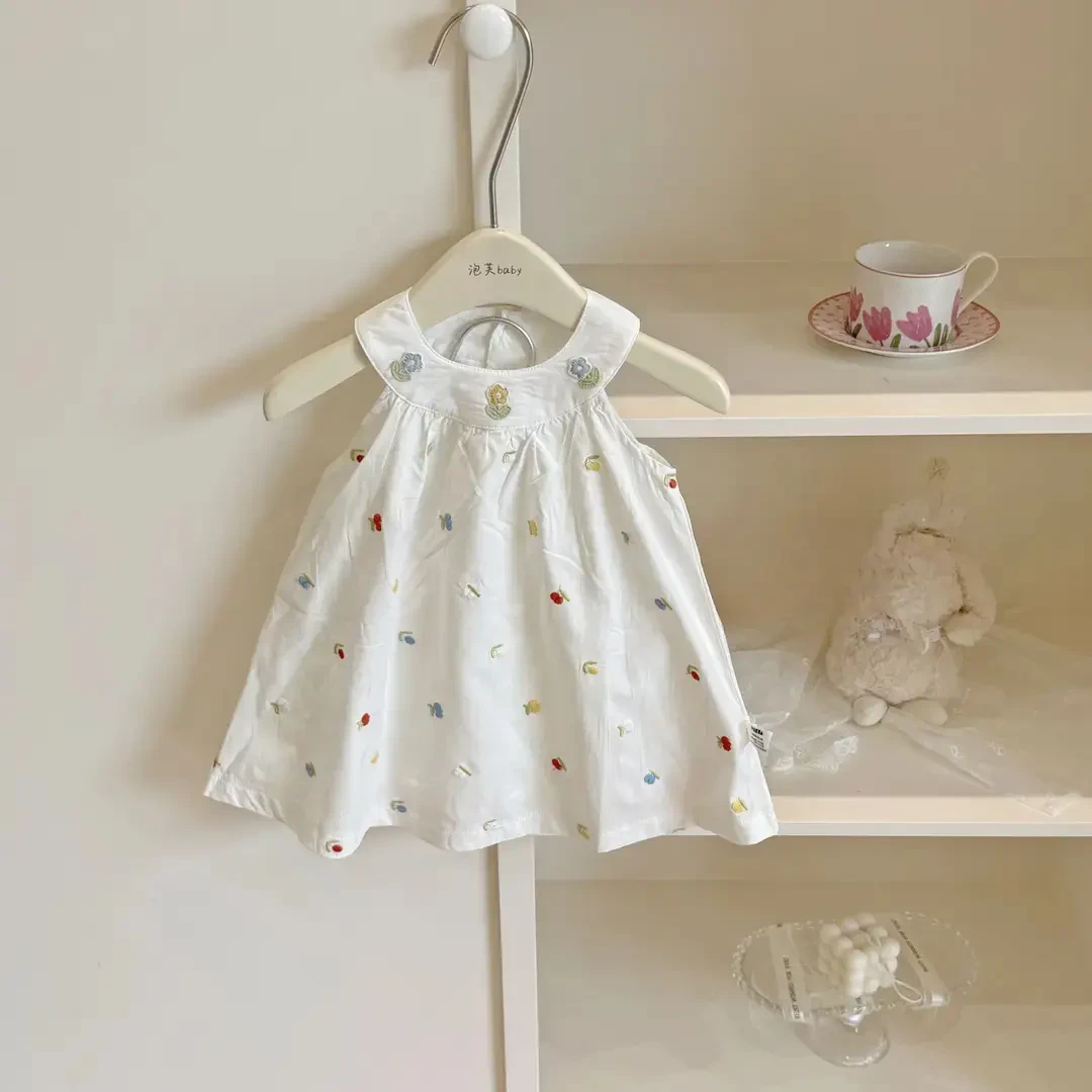 童装2025夏季女孩刺绣花朵挂脖吊带裙韩版无袖背心裙