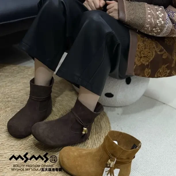 玛莎玛索棉鞋318-1短靴韩版鞋女靴反毛一脚蹬内增高复古港风套筒