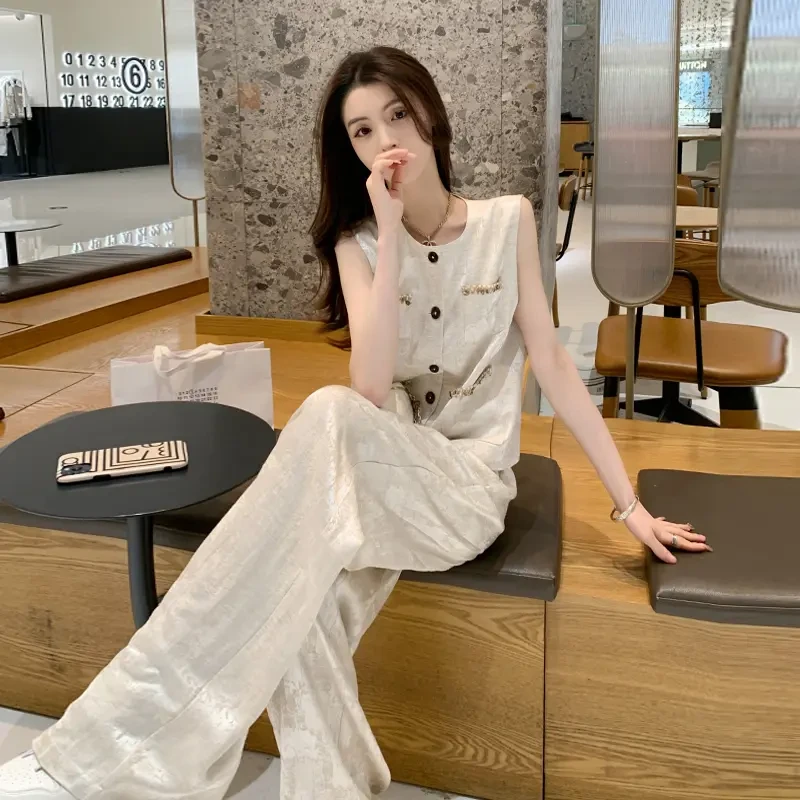 老钱风女装显瘦气质高级感时尚洋气休闲无袖阔腿裤两件套装夏季宽