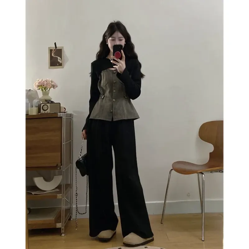 4350+4351洋气搭配一整套设计感收腰拼接上衣阔腿裤小香风两件套