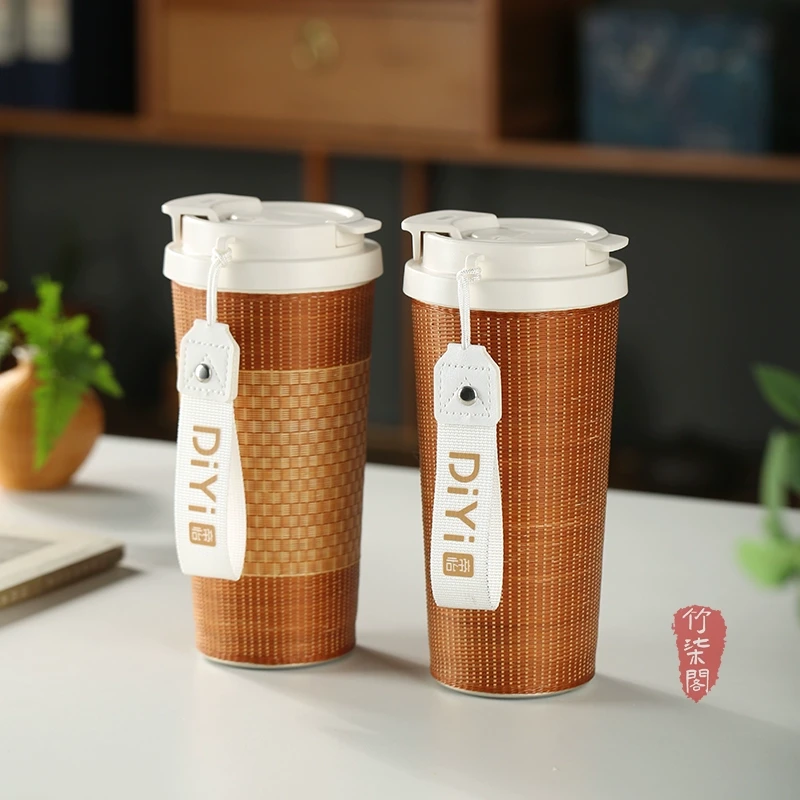 非遗手工竹丝竹编保温杯咖啡杯陶瓷外出携带马克杯饮料杯水杯茶杯