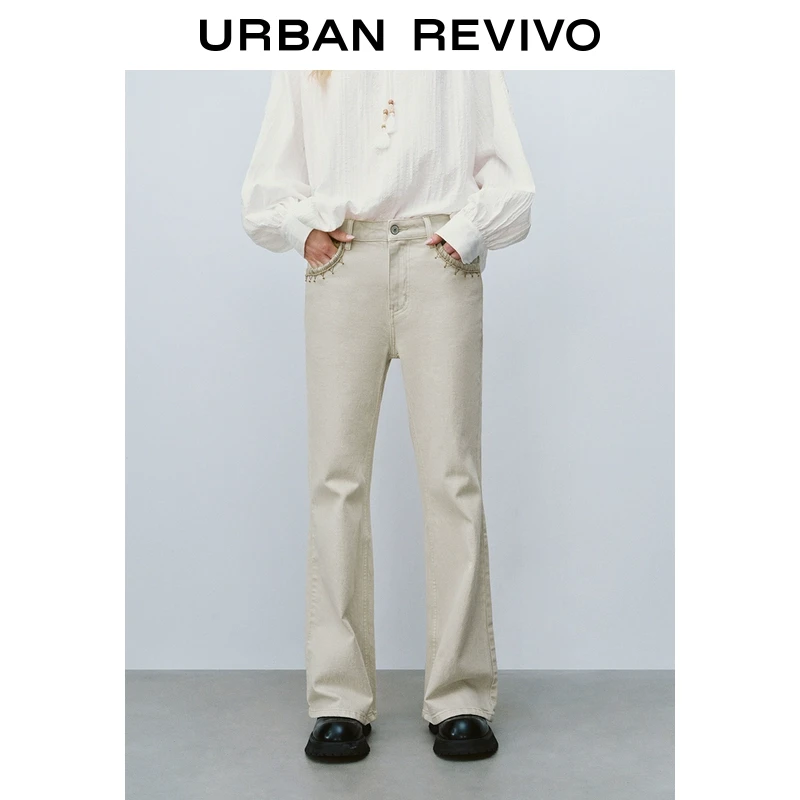 UR2025秋季新款女装复古雅丹风时髦钉珠休闲长裤UYL850008