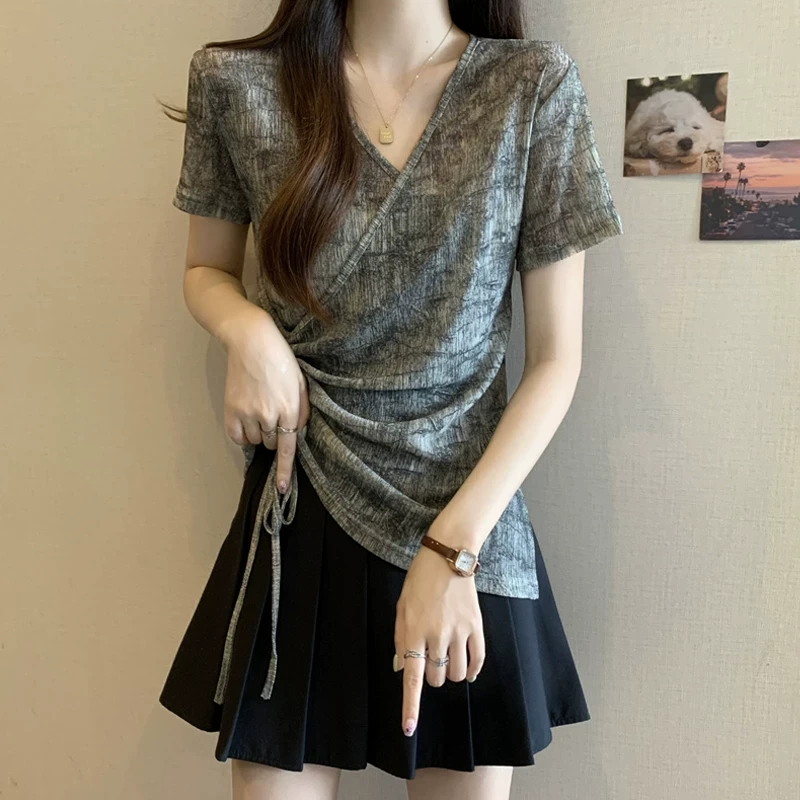 交叉V领晕染抽绳短袖T恤女夏季大码胖mm显瘦收腰欧货小衫正肩上衣
