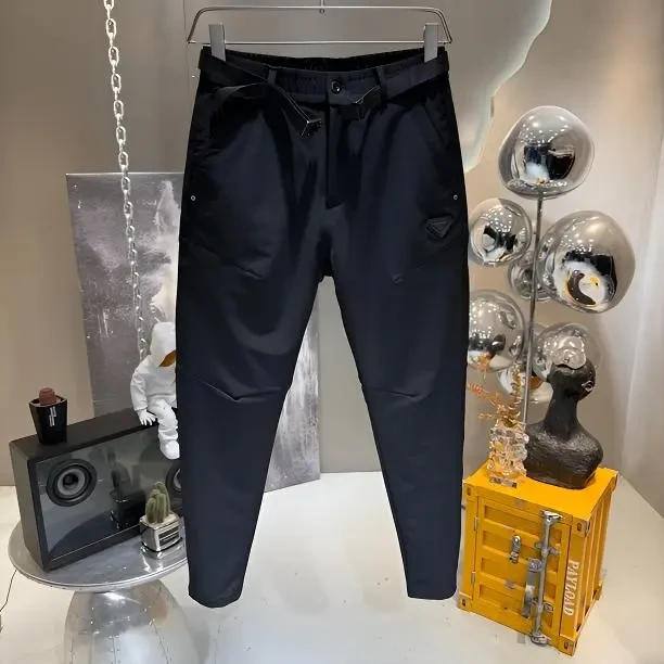 高端秋冬修身小脚9分男士休闲裤加厚保暖时尚弯刀裤工装裤男百搭