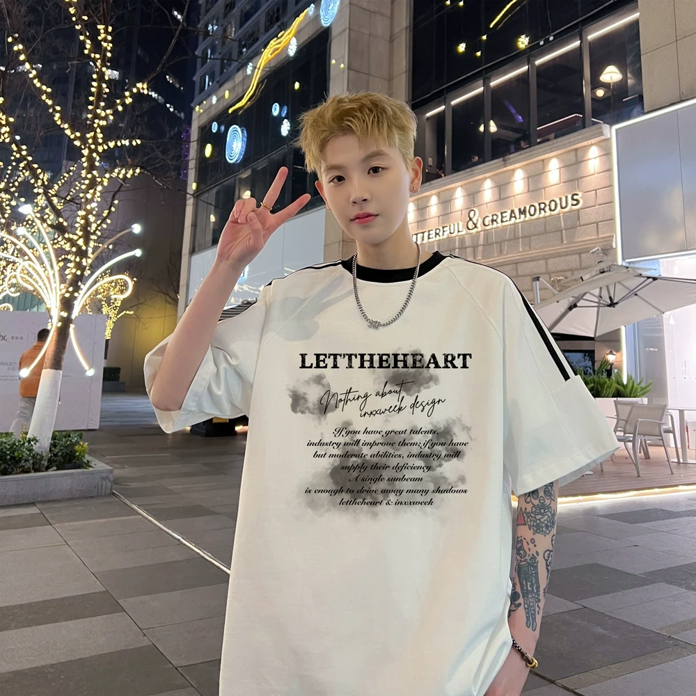 美式条纹拼接短袖男T恤夏季新款重磅纯棉美式休闲百搭潮流上衣ins