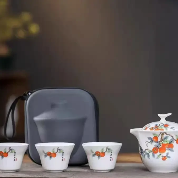 羊脂玉瓷柿柿如意手抓一壶三杯便携快客旅行茶具H264