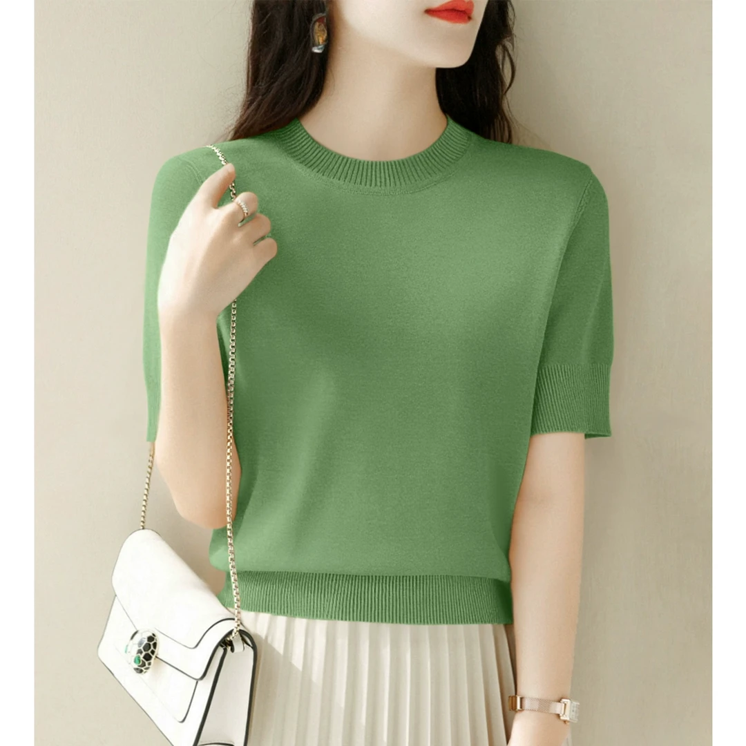 时尚秋季新款圆领短袖显瘦针织衫高级套头气质简约宽松百搭t恤女