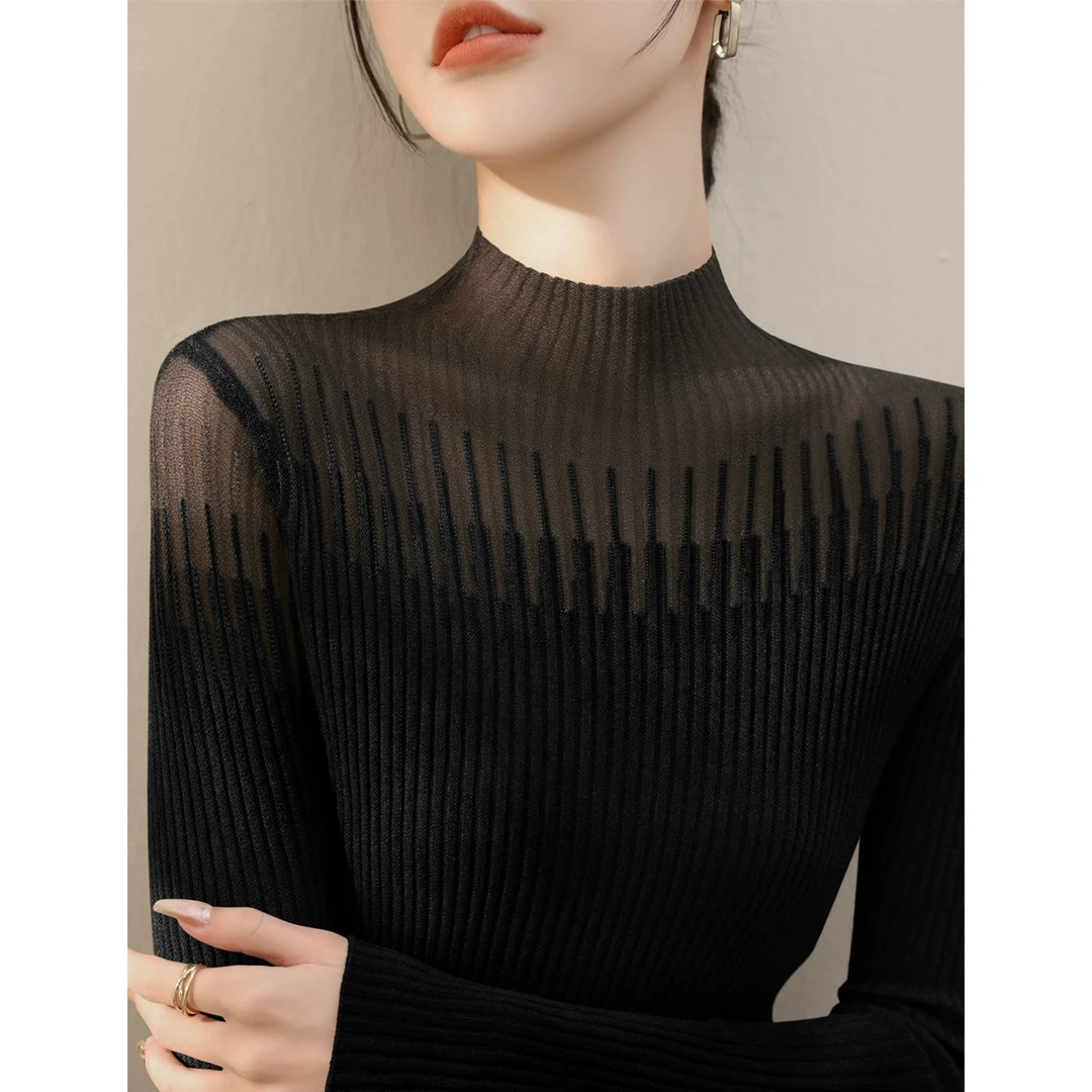 半高领新款洋气长袖套头针织衫2025年夏季网纱设计打底内搭上衣女