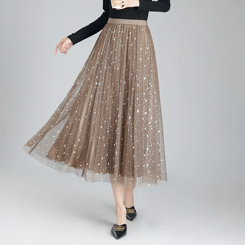 星空半身裙网纱裙女春2025新款仙女中长款百褶裙子亮片时尚A字裙