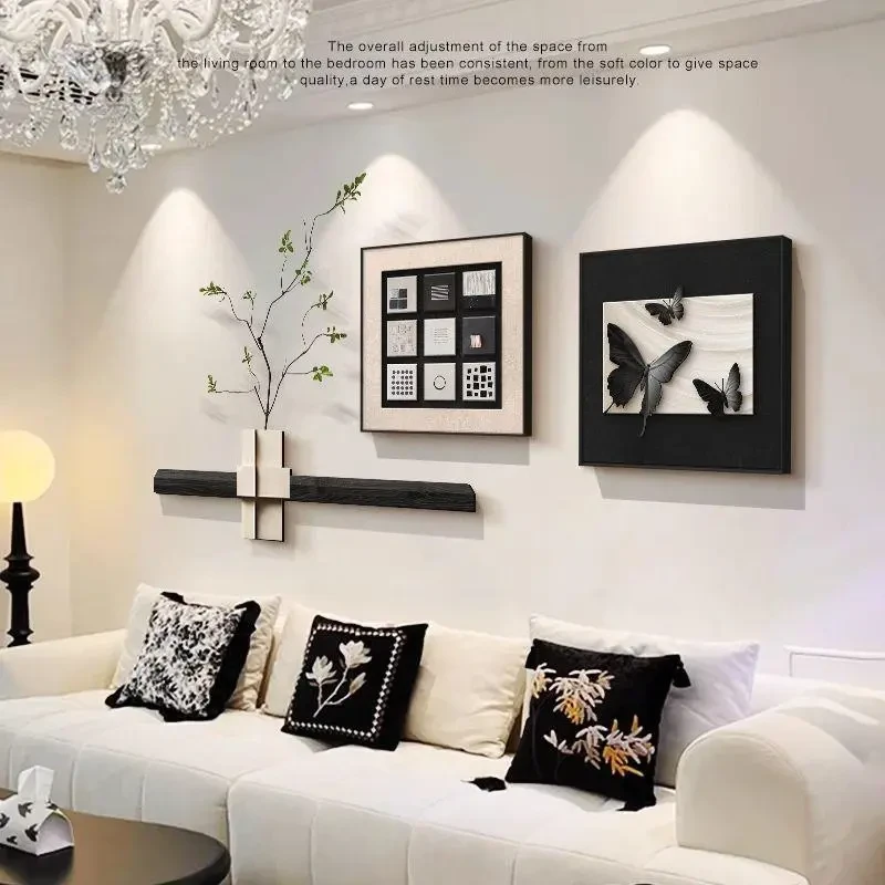 现代简约沙发背景墙组合挂画黑白蝴蝶客厅装饰画高级感玄关壁画