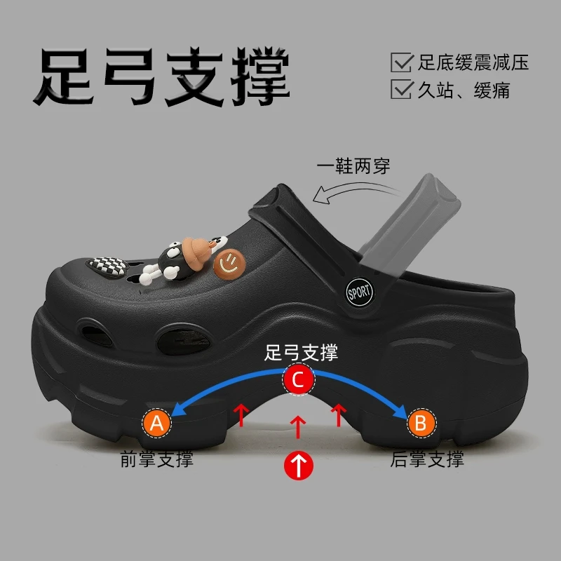 黑色洞洞鞋女款足弓支撑夏外穿2025新款eva防滑防臭增高厚底拖鞋