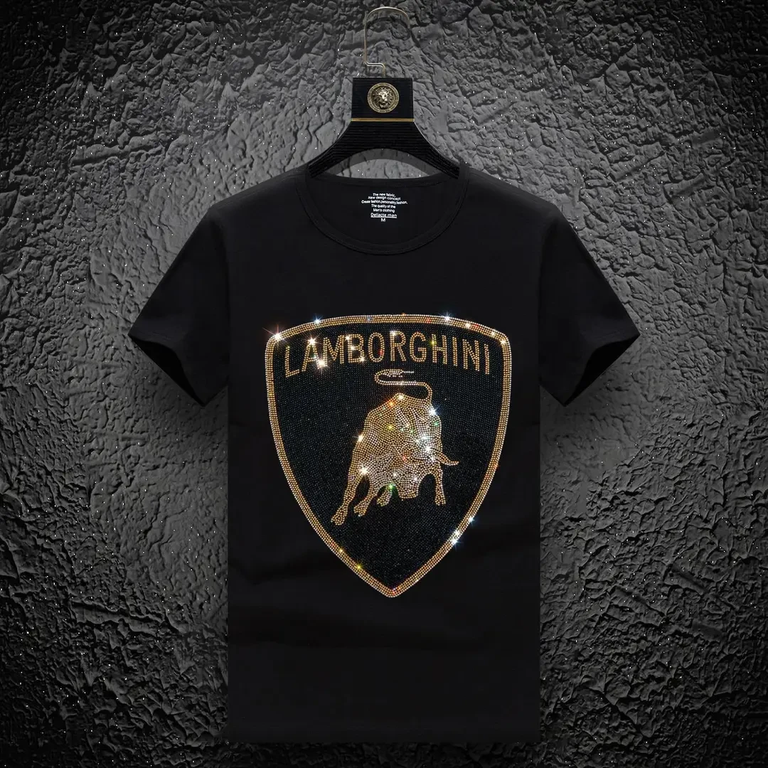 欧货轻奢休闲短袖烫钻半袖打底衫男士T恤修身圆领百搭个性印花男