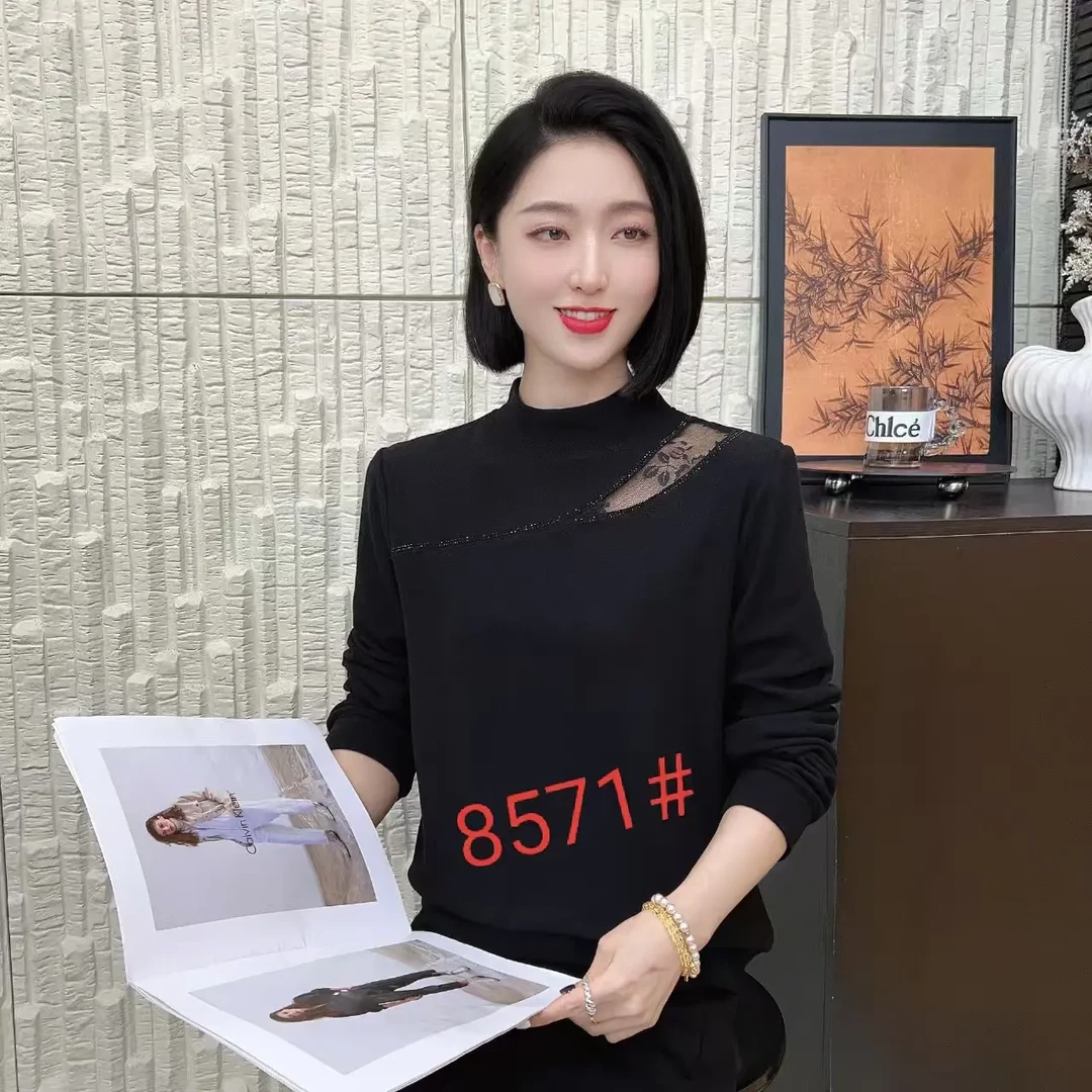 2025秋冬加厚套头时尚洋气百搭蕾丝拼接半高领长袖打底衫#8571