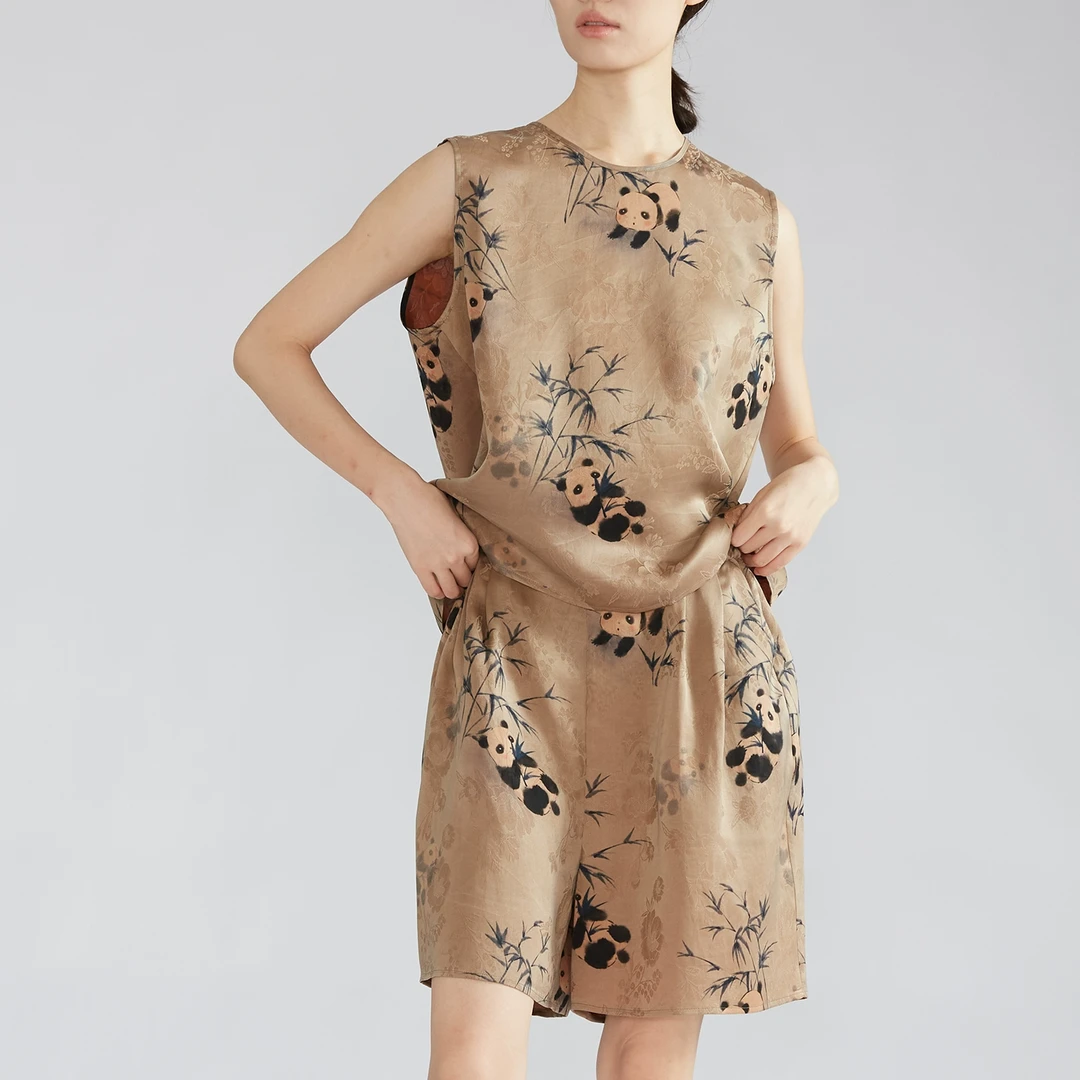 真丝红云纱提花套装女国风100桑蚕丝背心五分短裤两件套春TZD012