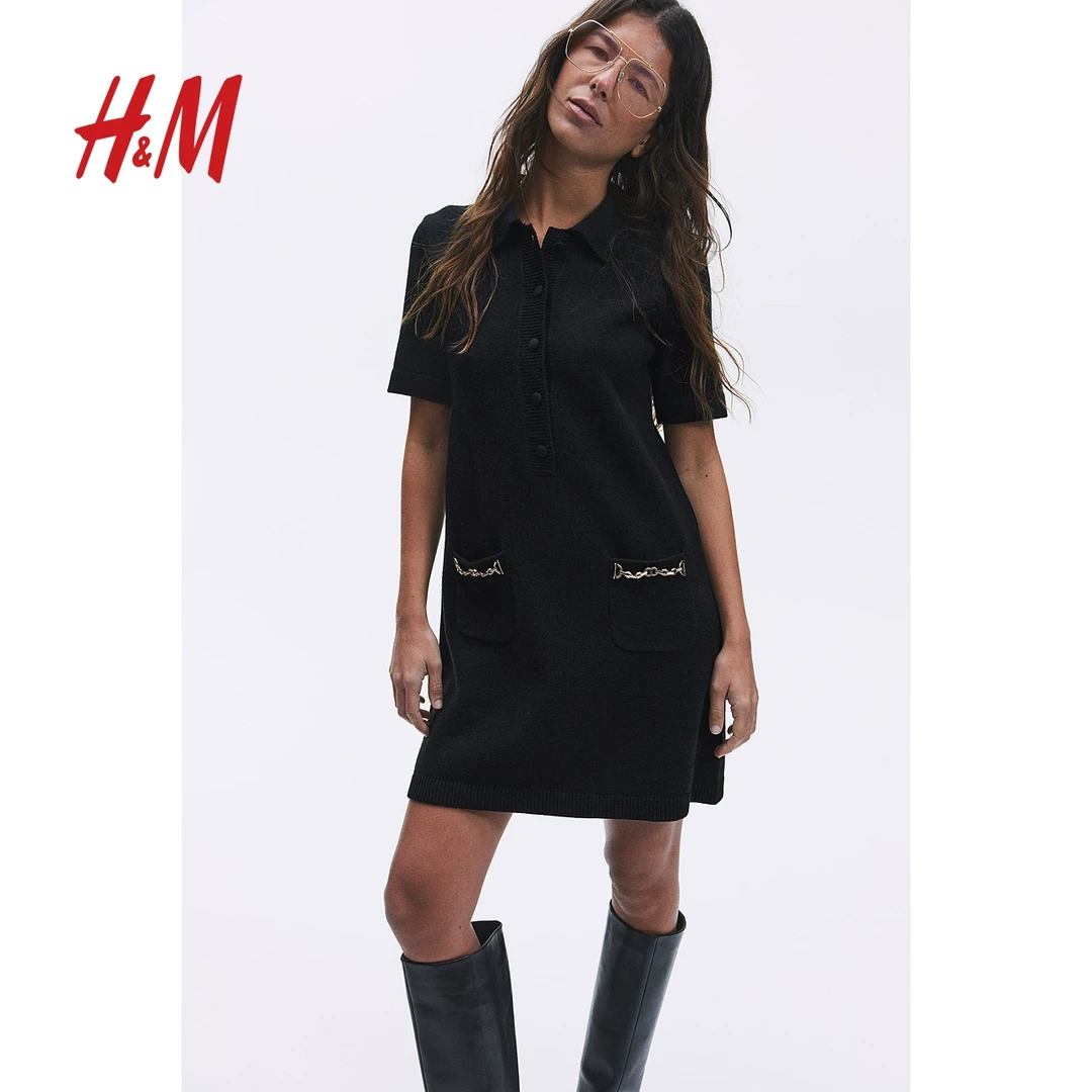 HM2025春秋新款女装财阀千金流光风微喇气质针织连衣裙1263633