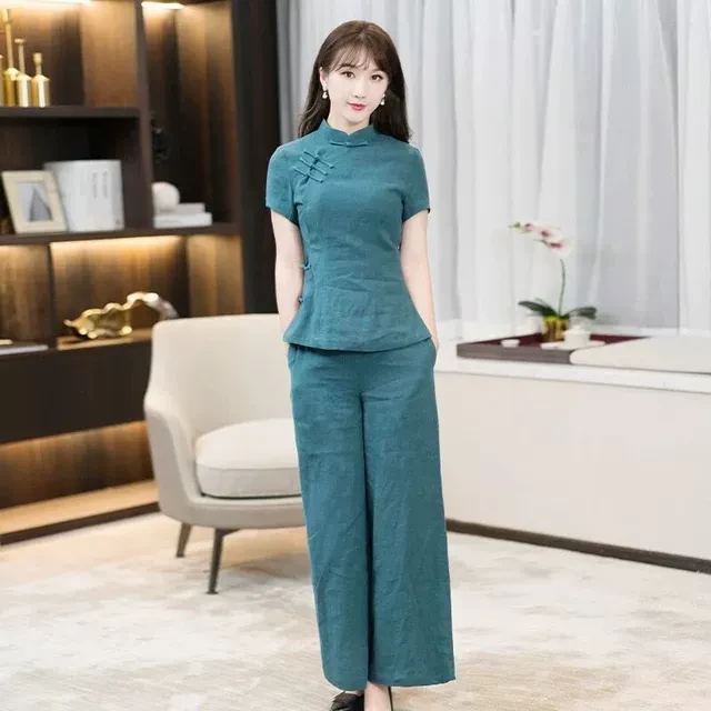 夏季减龄女职业套装民国唐装旗袍两件套改良复古汉服中国风女装