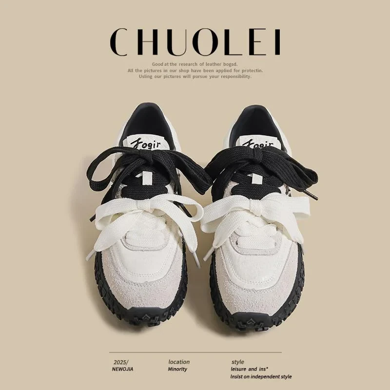 厚底德训鞋女2025春季新款小白鞋增高拼接复古阿甘休闲运动老爹鞋