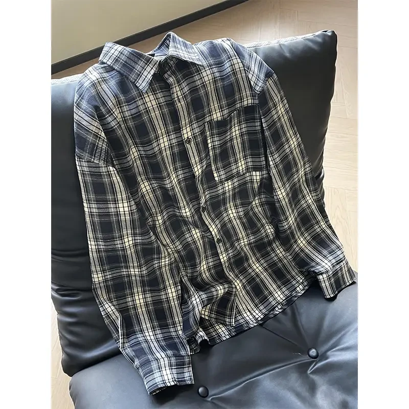 藏青色格子衬衫男秋冬季叠穿内搭美式复古格纹长袖衬衣高级感外套