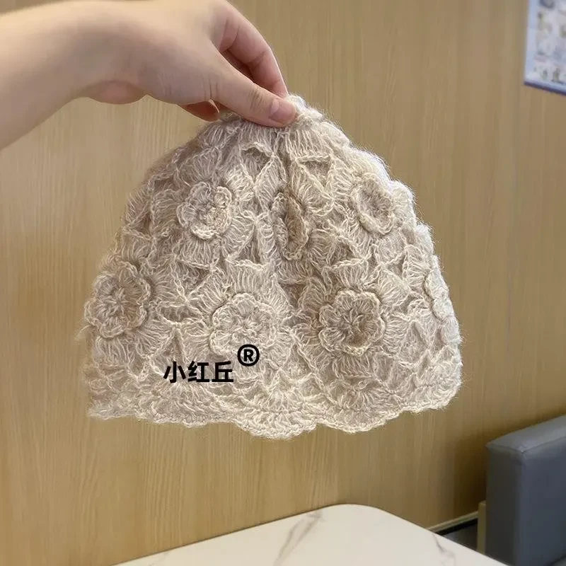 大头钩花帽子日系双层手工套头女套头 秋冬韩版潮百搭保暖针织