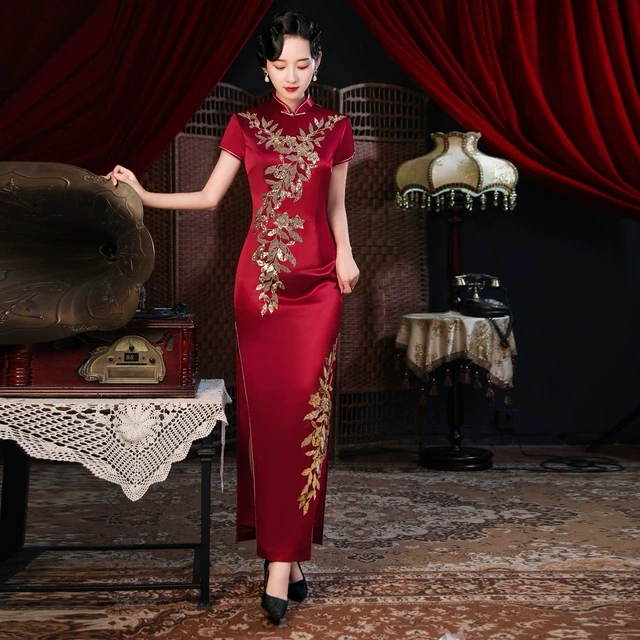 醋酸缎旗袍裙夏长款新娘婚礼婚宴妈妈装喜婆婆中式气质高级感礼服