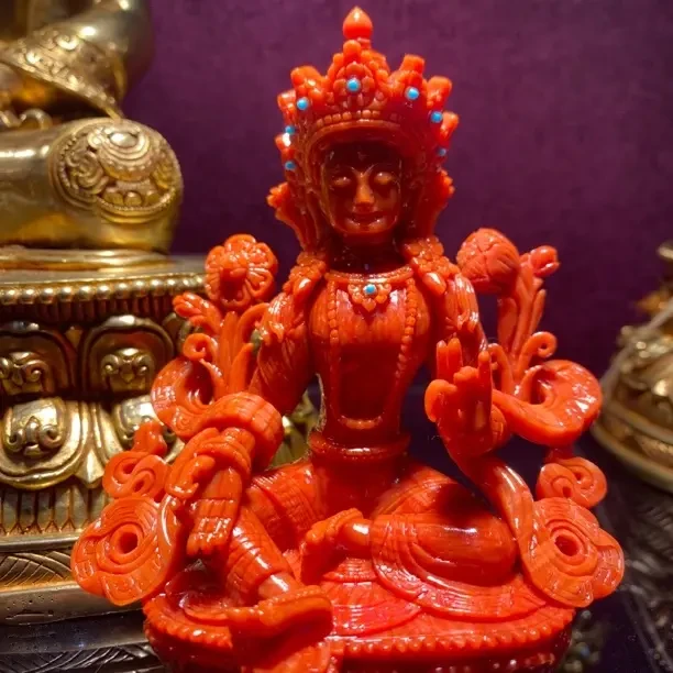 珊瑚枝拼接雕刻绿度母（可定制尺寸）（可定制佛像）