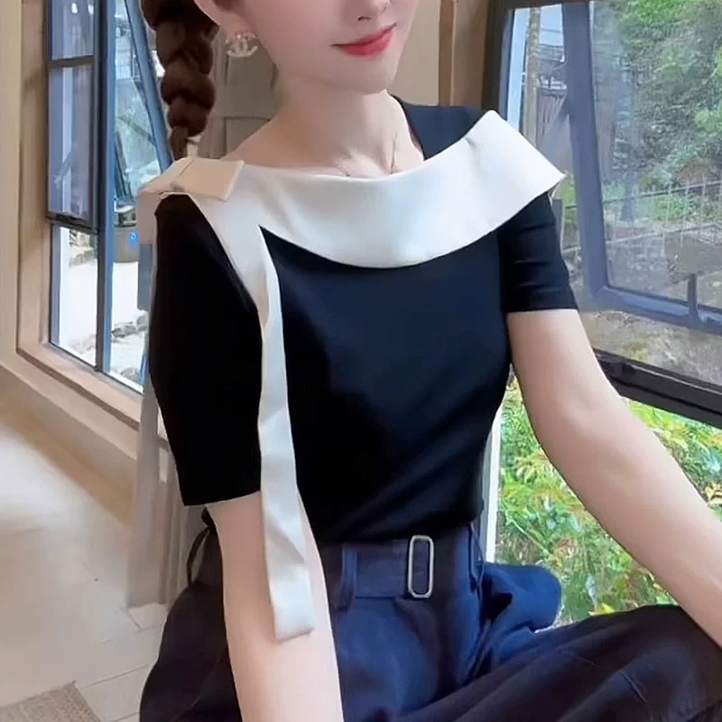 系带方领黑色t恤女士2025夏季时尚显瘦洋气设计感特别致短袖上衣