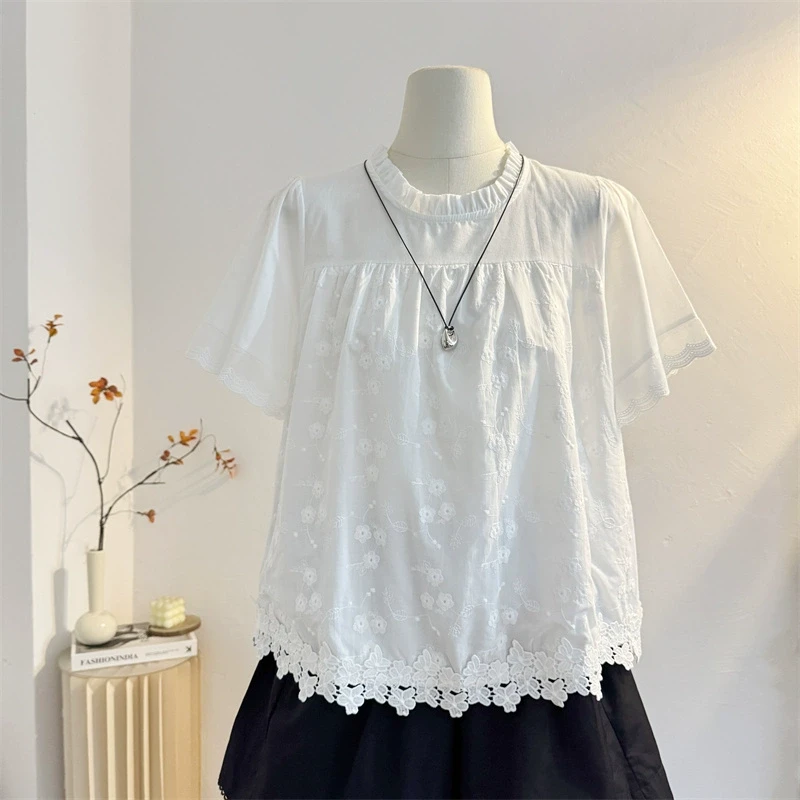 法式木耳立领白色短袖衬衫女2025夏季宽松减龄娃娃衫刺绣小衫上衣