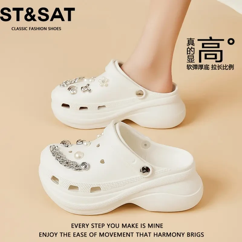 星期六水钻包头半拖女秋季镂空透气软底舒适轻便百搭显脚小洞洞鞋