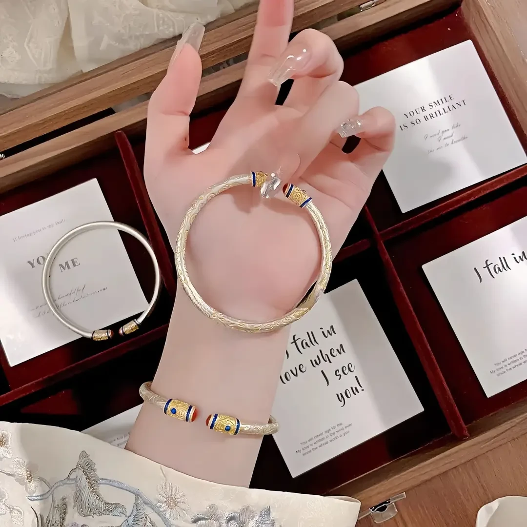 足银手镯 吉言描金纯银手镯女新中式珐琅彩足银999手镯开口实心