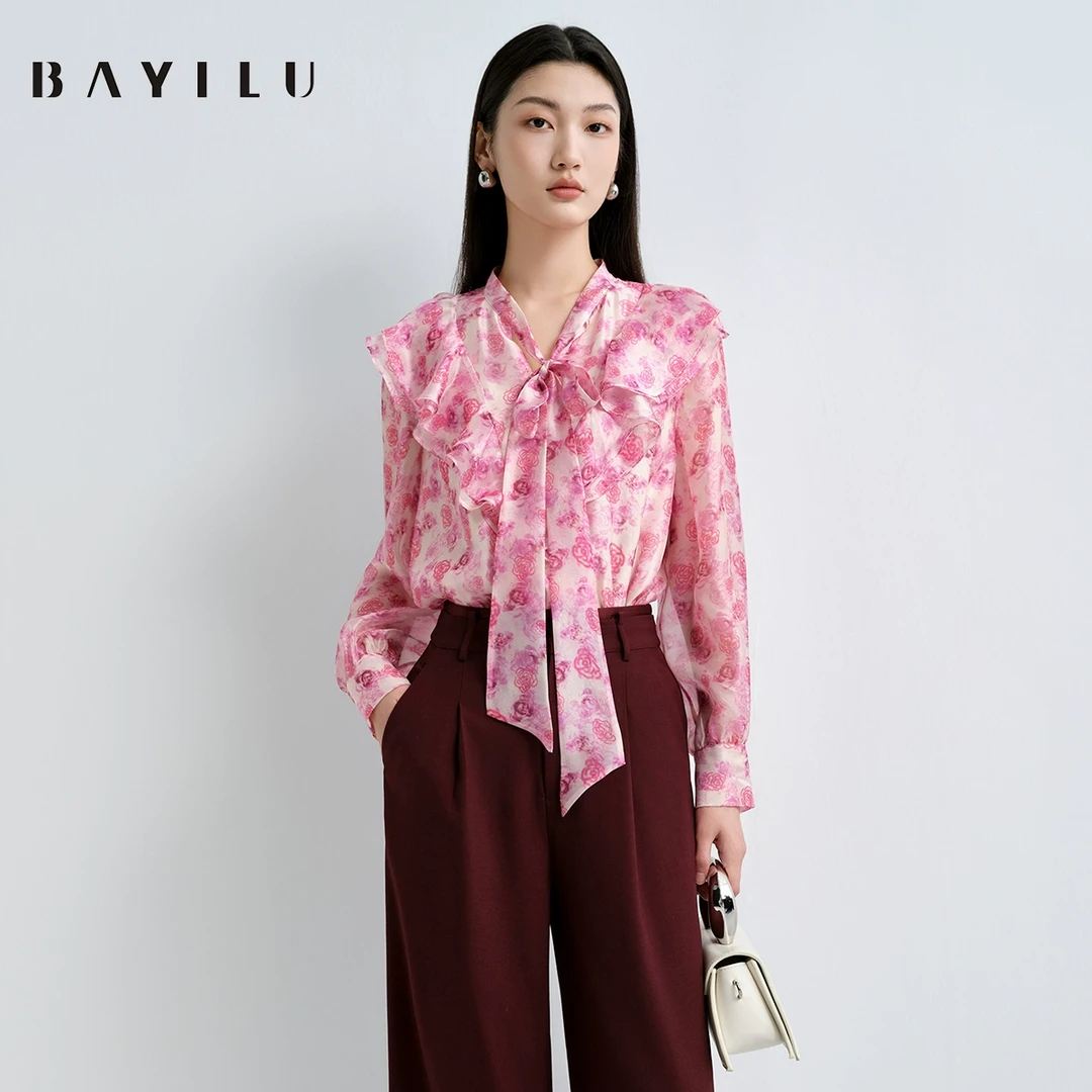 【小铃铛】芭依璐2025春季衬衫女法式荷叶边飘带印花衬衣91C1931