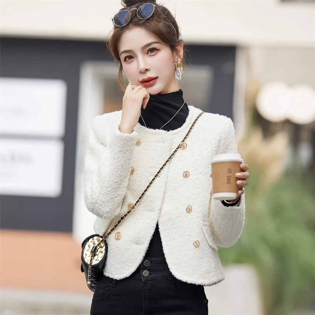 白色小香风毛呢外套女春秋2025新款小个子高端精致粗花呢短款上衣