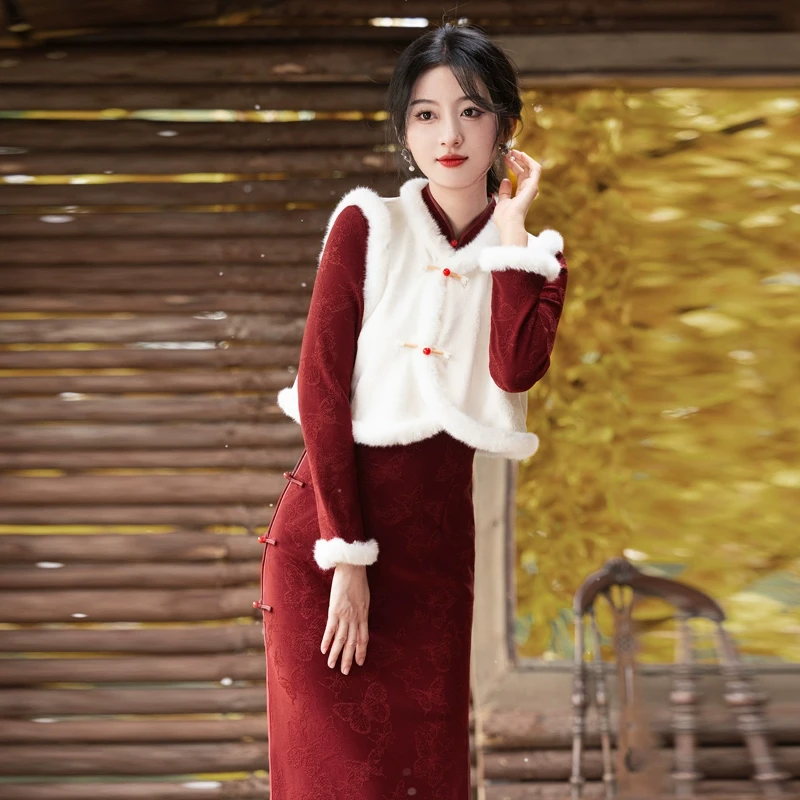 红色旗袍马甲套装2024冬季新中式改良少女加绒加厚拜年服