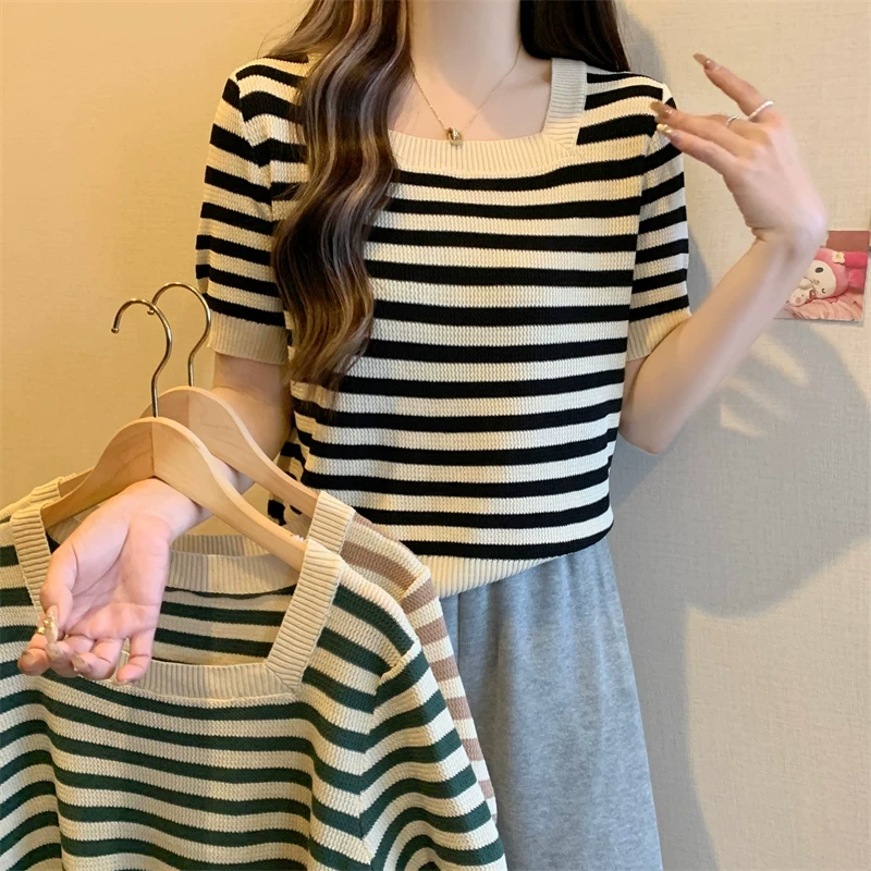 大码胖mm正肩条纹短袖针织t恤打底衫女夏百搭显瘦遮肚子短款上衣