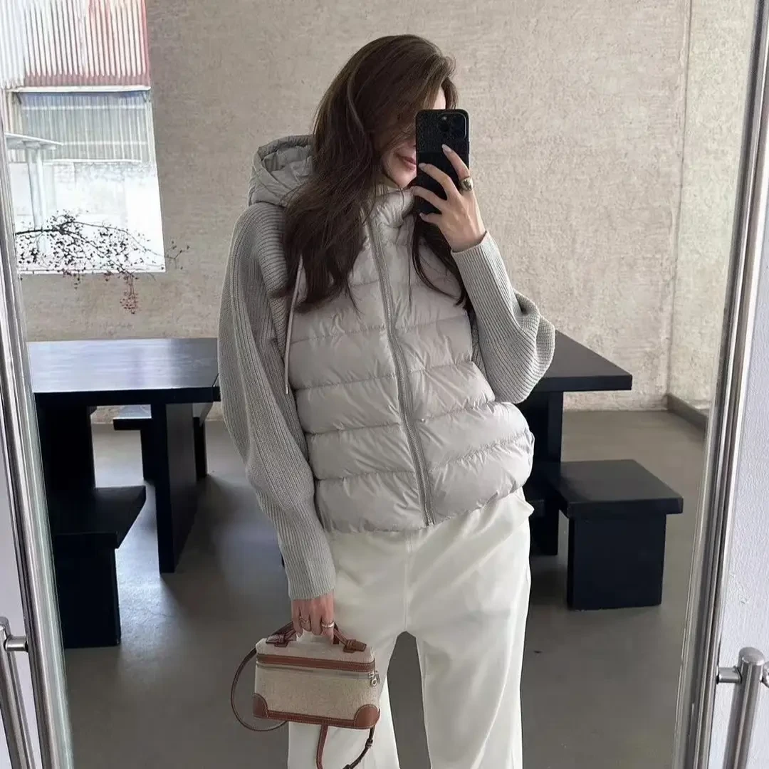 2025冬季新款小个子百搭休闲韩系连帽棉衣短外套假两件拼接袖棉服