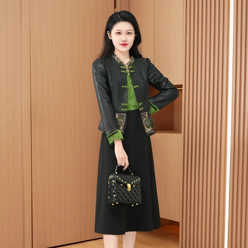 新中式国风长袖套装连衣裙女2025新款复古洋气减龄开春穿搭一整套