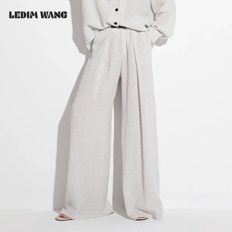 LEDIM WANG亚麻阔腿休闲裤女宽松慵懒风2025夏季新款纯色百搭长裤