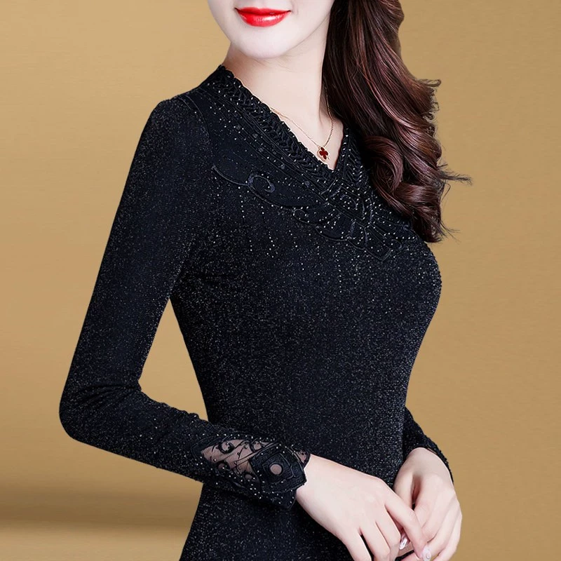 7559加绒加厚蕾丝打底衫长袖女上衣