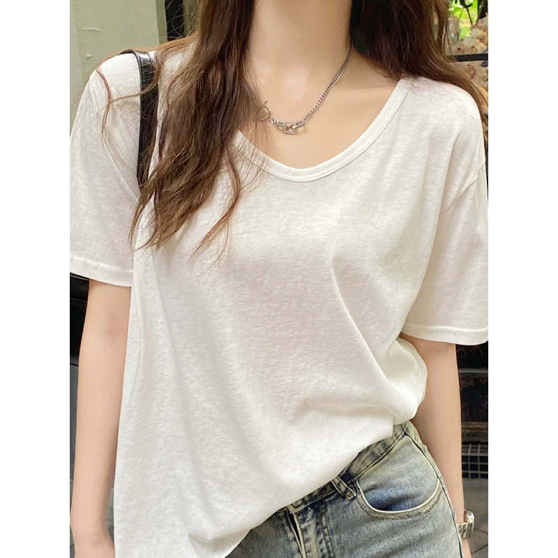 白色韩系小清新短袖t恤女2025夏季U领外穿宽松显瘦设计感打底上衣