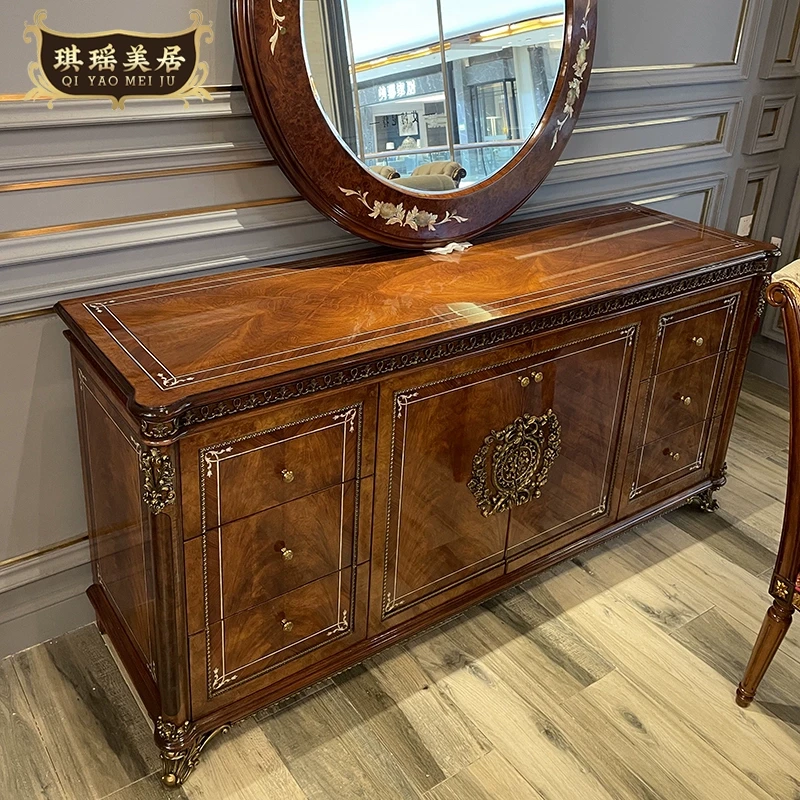 琪瑶美居英式桃花心实木餐边柜压力山大木皮贝壳拼花镶铜装饰柜