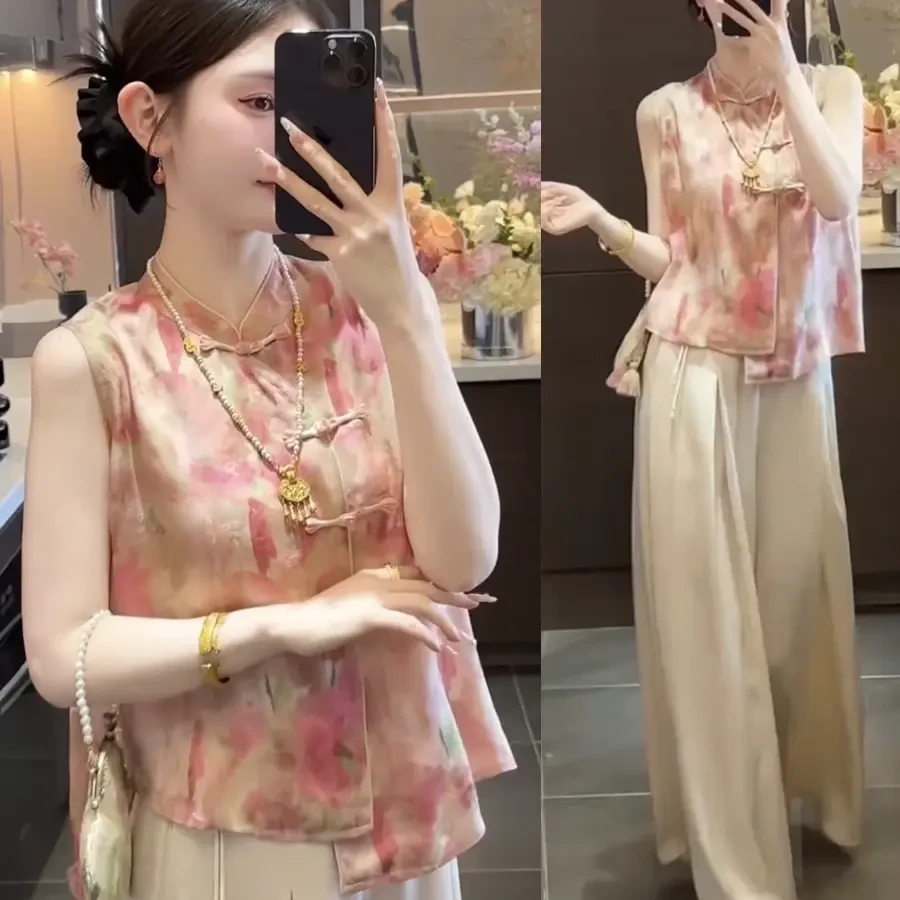 复古新中式国风套装女2025夏季新款高级感印花上衣+阔腿裤两件套