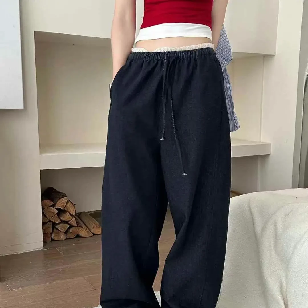 韩系松紧腰蕾丝花边拼接高腰显瘦休闲阔腿裤