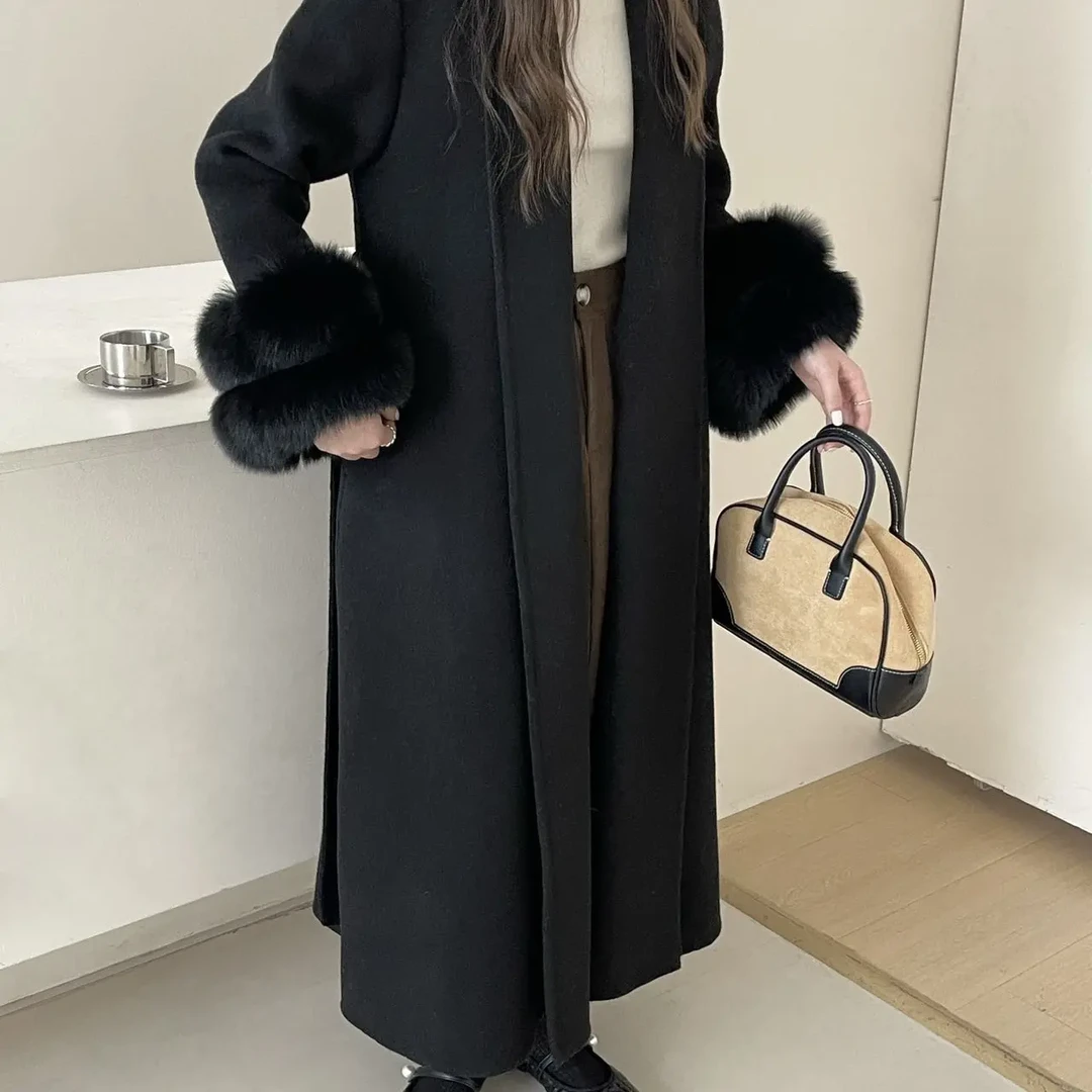 秋冬新款可拆卸宽松贵气中长款双面呢子大衣外套