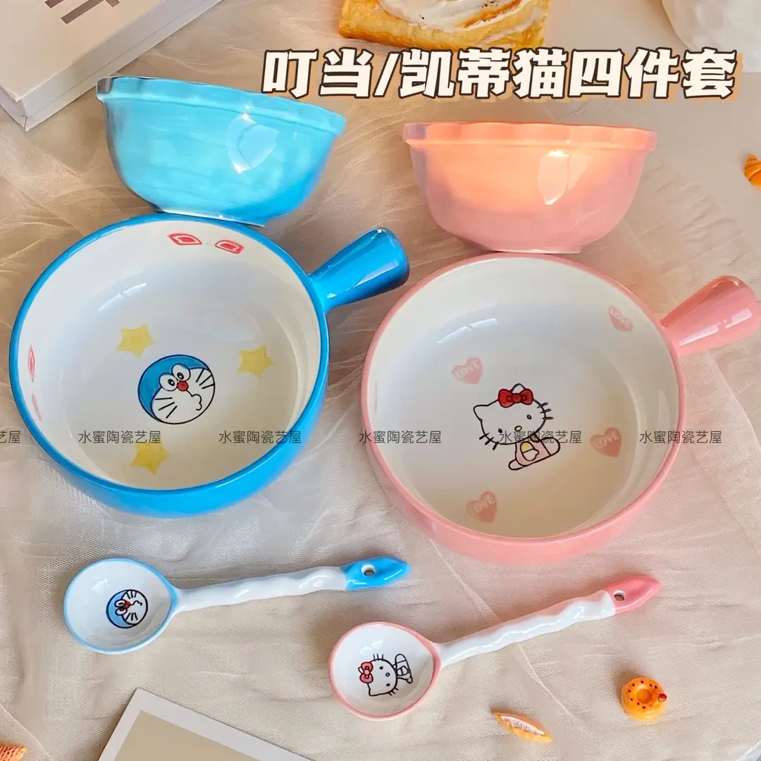 【釉下彩】哆啦A梦KT猫手把碗陶瓷套装情侣家用泡面沙拉陶瓷碗A156