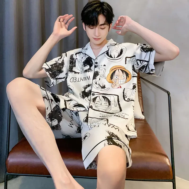 夏季凉感冰丝睡衣男士夏天薄款短袖短裤家居服前扣动漫卡通两件套