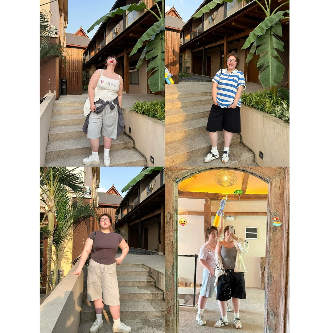 老章和小胖PONGKIKI百搭运动中裤女大码夏季松紧腰百搭显瘦五分裤