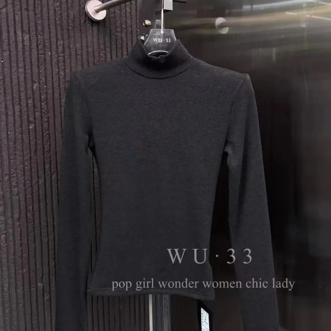 半高领打底衫女秋冬软糯正肩发热内搭修身磨毛加薄绒长袖针织上衣