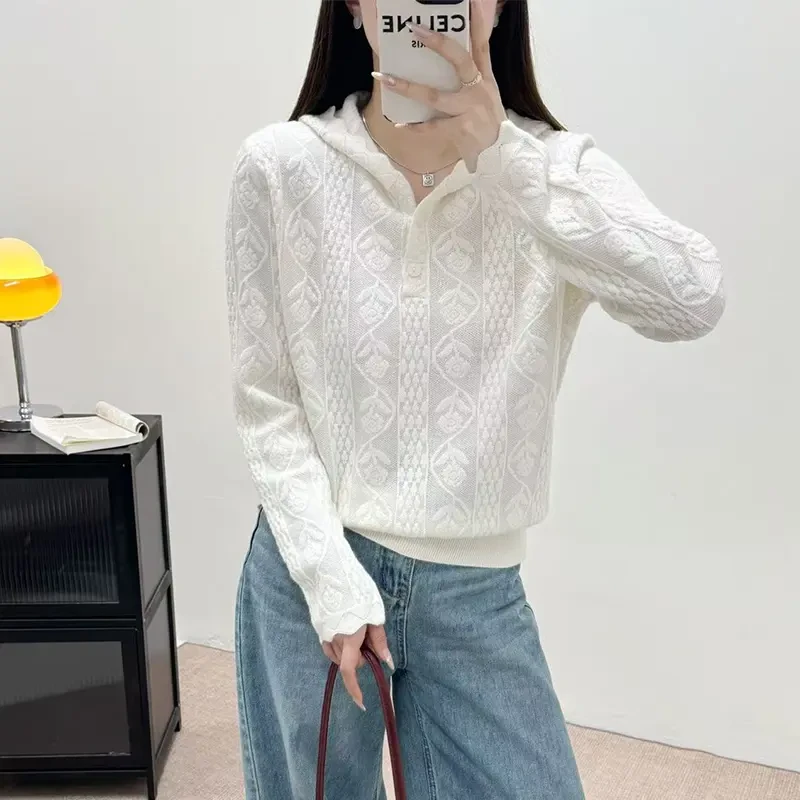 女毛针织衫女式春秋蕾丝毛衣外套长袖带帽打底衫休闲衫