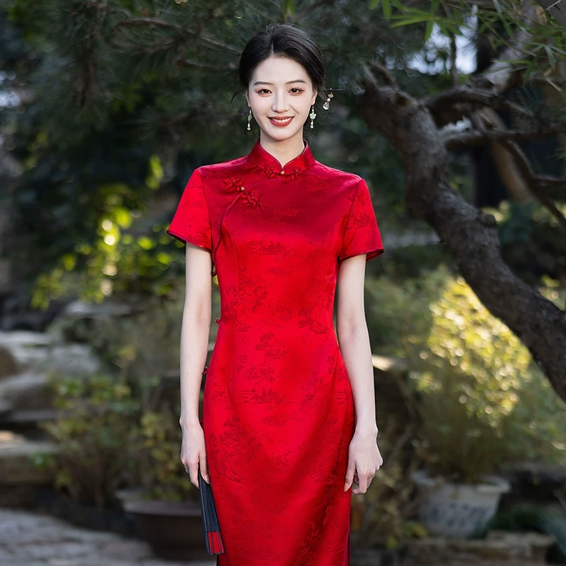 高档醋酸提花改良旗袍新中式喜妈妈婚宴礼服高端礼服红色国风夏季