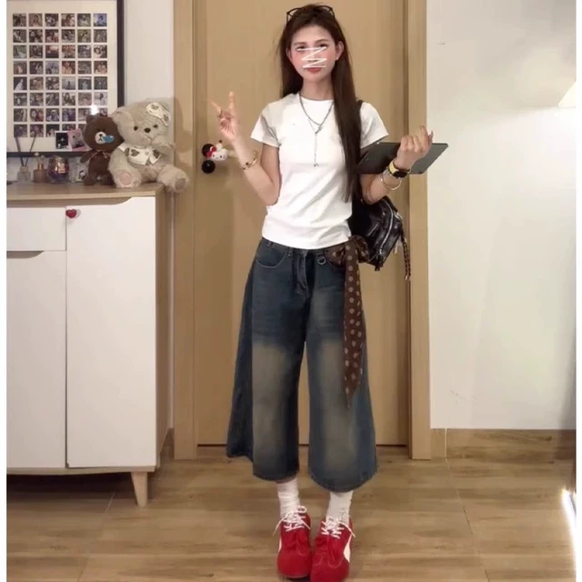 复古牛仔短裤七分裤女夏季2025年新款高腰直筒宽松7分阔腿中裤潮